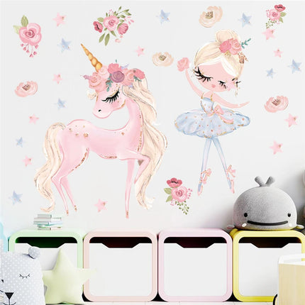 Buntes Einhorn Wandtattoo mit tanzendem Mädchen für fröhliche Kinderzimmerdekoration