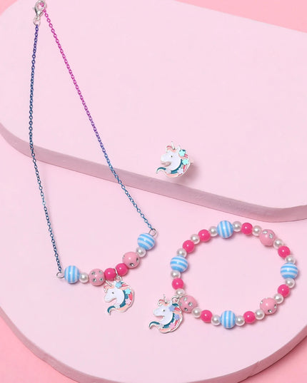 Cartoon Einhorn Mädchen Quarz-Uhr und Perlen Armband Halskette Ring Set
