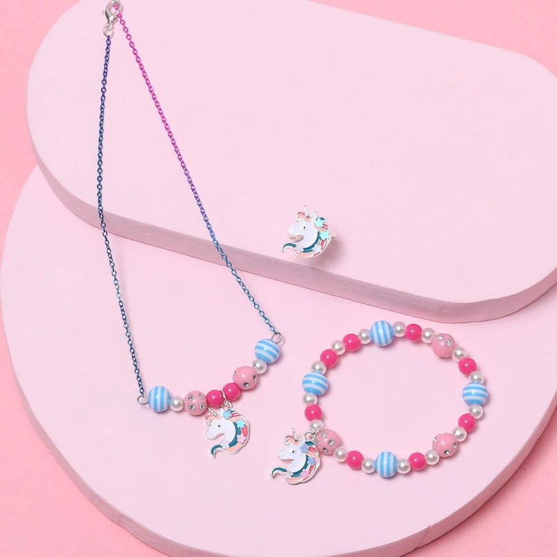 Cartoon Einhorn Mädchen Quarz-Uhr und Perlen Armband Halskette Ring Set