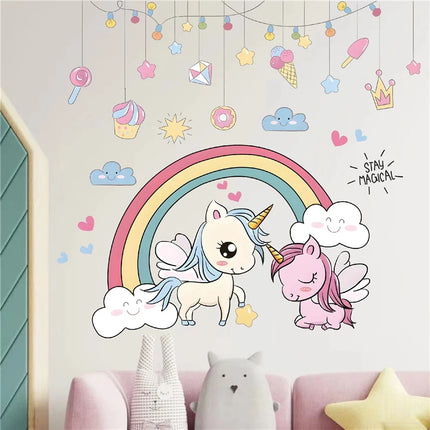 Liebenswertes Einhorn Wandtattoo mit Regenbogen im Cartoon-Stil, aus PVC, für die Dekoration im Kinderzimmer
