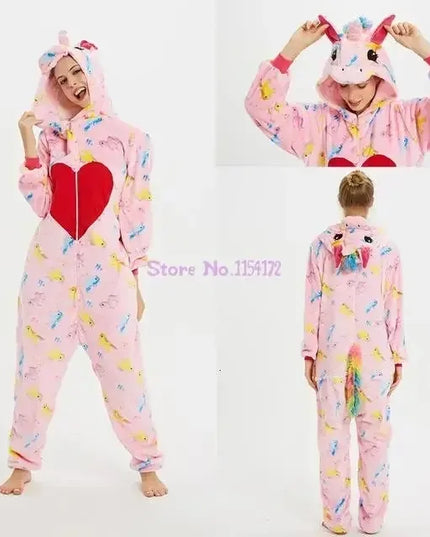 Blauer Einhorn Onesie aus Flanell mit Kapuze für Erwachsene und Kinder