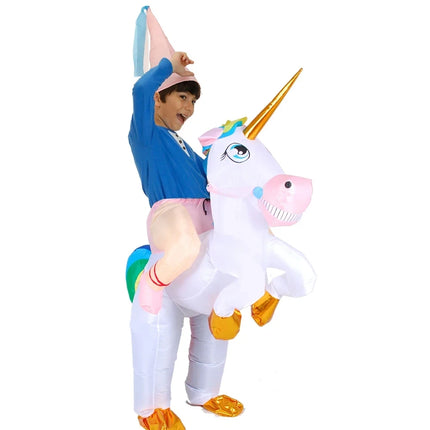 Aufblasbares Reit-Einhorn Kostuem für Kinder in bunten Farben, ideal für kleine Einhorn-Fans
