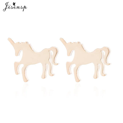 Ein Paar goldene Einhorn Ohrringe mit Push-back-Verschluss aus Edelstahl, im Tier-Design