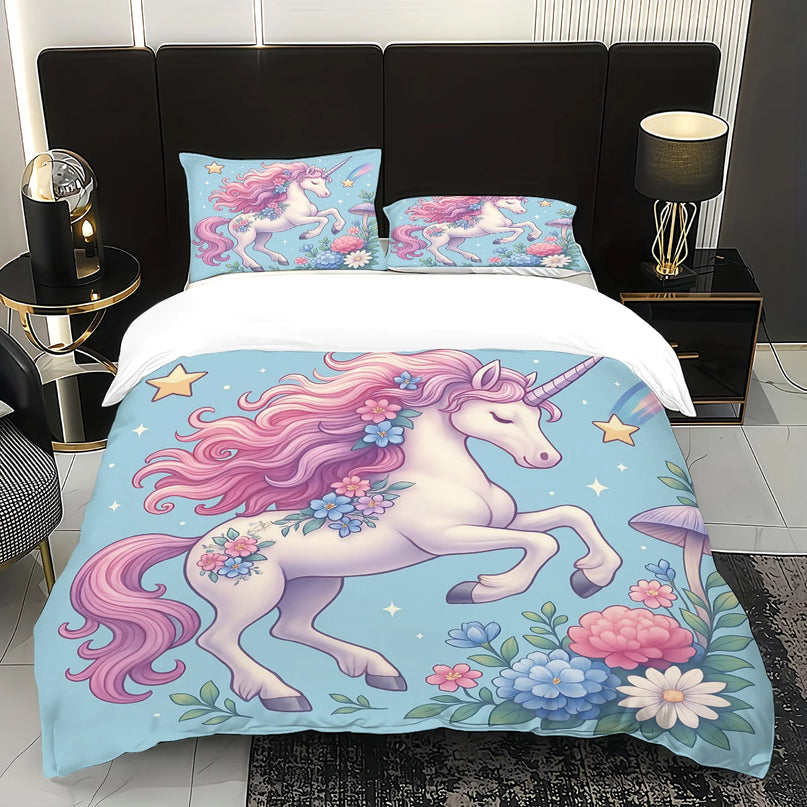 3-teiliges Set Einhorn Bettwäsche mit verträumtem Einhorn-Print, weich und maschinenwaschbar