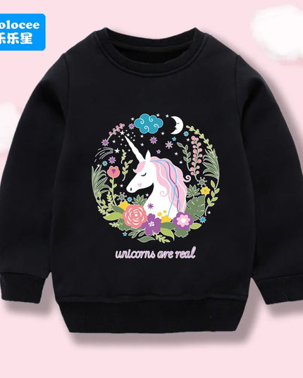 Schwarzer Einhorn Hoodie für Mädchen mit zauberhaftem floralem Einhorn-Design, ideal für den Herbst.