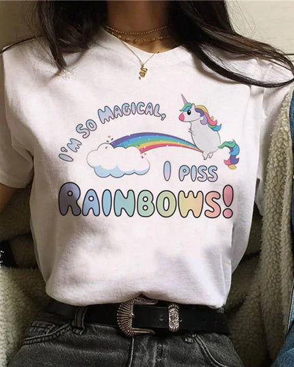 Niedliches Kawaii Cartoon Einhorn T-Shirt für Damen im koreanischen Harajuku-Stil mit buntem Motiv