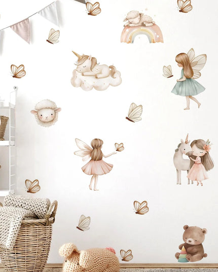 Aquarell Einhorn Wandtattoo mit Fee, Bär und Regenbogen für Babyzimmer und Kinderzimmerdekoration aus PVC