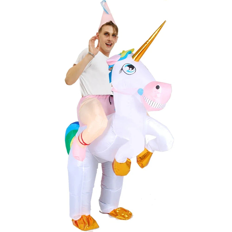 Aufblasbares Reit-Einhorn Kostuem für Erwachsene in bunten Farben, perfekt für Karneval und Partys