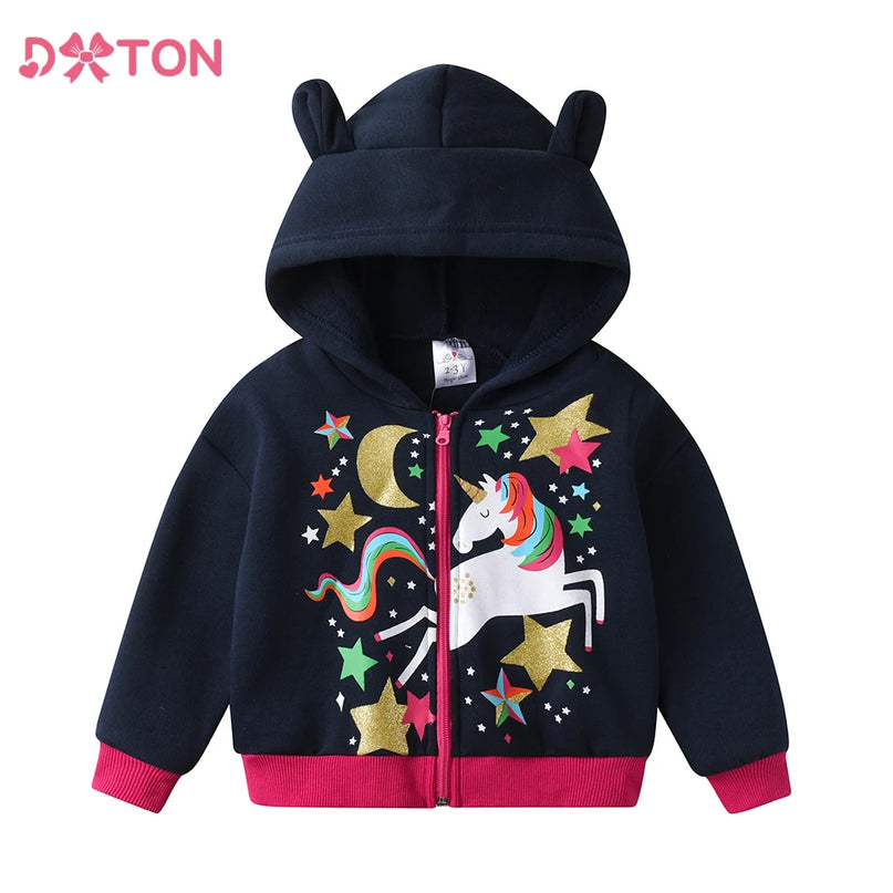 Sportliche Einhorn Jacke mit Kapuze und Reißverschluss für Mädchen, dick und warm für Herbst und Winter, von DXTON