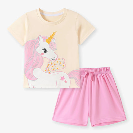 Mädchen Einhorn Outfit Set für den Sommer mit pinkem T-Shirt und Shorts, ideal als Pyjama oder Homewear