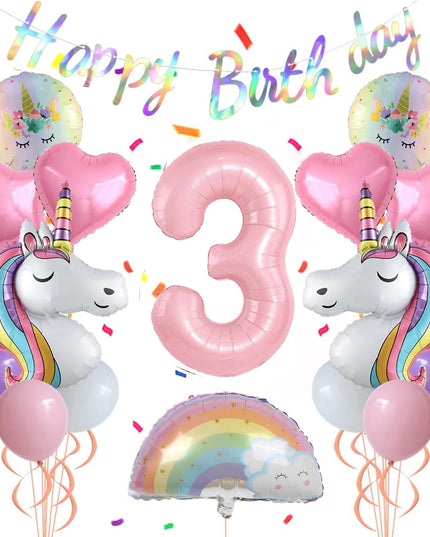 Großes Regenbogen Einhorn Kuscheltier Ballon-Set für eine Geburtstagsparty mit Heliumballons