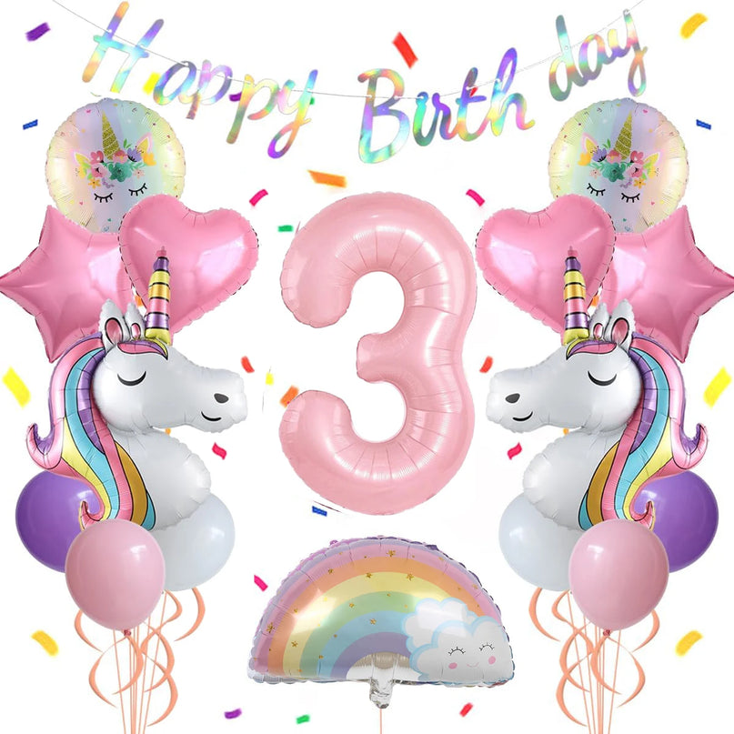 Großes Regenbogen Einhorn Kuscheltier Ballon-Set für eine Geburtstagsparty mit Heliumballons