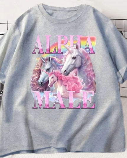 Alpha Einhorn T-Shirt für Frauen mit ironischem Meme-Druck, aus Baumwolle und kurzen Ärmeln