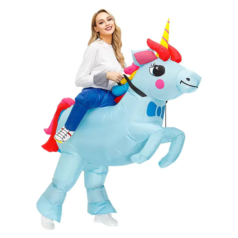 Aufblasbares Einhorn Kostuem in leuchtendem Blau für Erwachsene, perfekt für lustige Parodien und Cosplay-Events