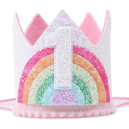 Regenbogen Einhorn Krone mit der Zahl 1 für den ersten Kindergeburtstag, aus weichem Vliesstoff, farbenfroh