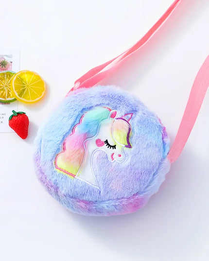 Runde Einhorn Umhängetasche aus lila Plüsch mit Einhorn-Gesicht und Glitzerhorn