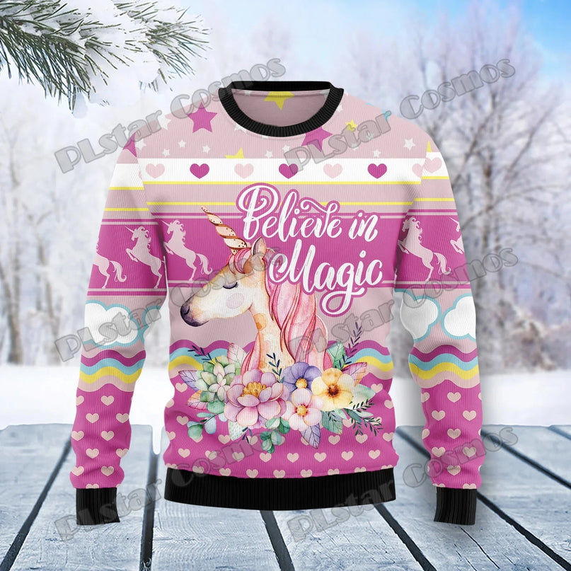 Einhorn Pullover mit 3D-Print und Winter-Einhorn-Motiv, in gemütlicher Strickqualität für kuschelige Stunden.