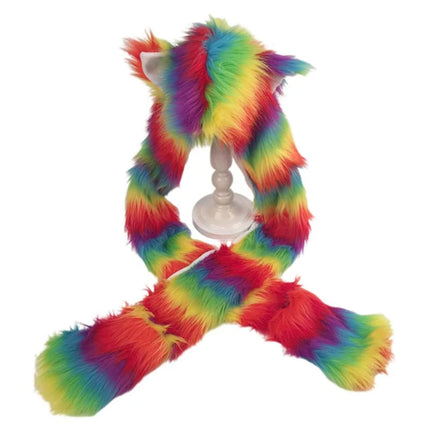 Kuschelige 3-in-1 Einhorn-Mütze für Frauen und Mädchen, mit Regenbogen-Design, Wolfsohren und integrierten Pfoten-Handschuhen.