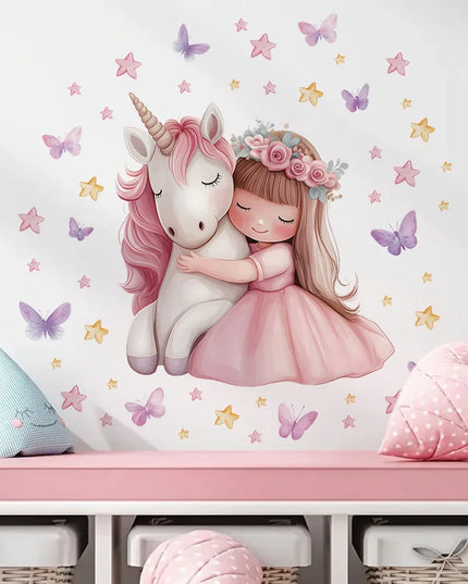 Einhorn Wandtattoo mit einem Blumenmädchen, bunten Schmetterlingen und einem Einhorn, ideal für eine warme Wanddekoration
