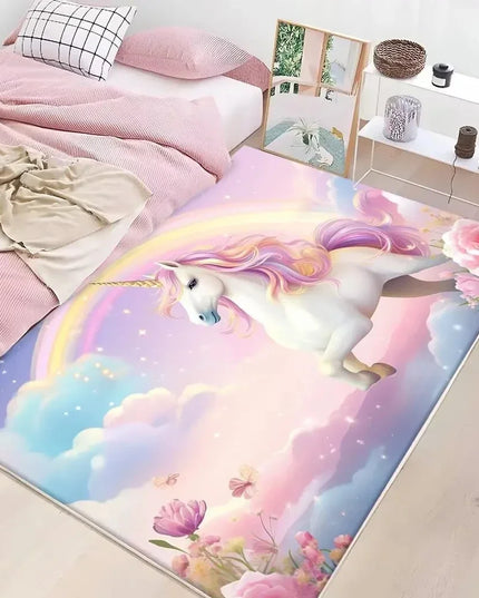 Niedlicher pinker Einhorn Teppich mit Cartoon-Muster, weich und rutschfest für Kinderzimmer