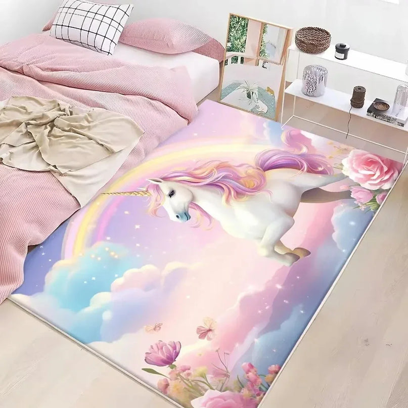 Niedlicher pinker Einhorn Teppich mit Cartoon-Muster, weich und rutschfest für Kinderzimmer