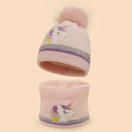 Einhorn Mütze und Halstuch Set in Rosa mit Einhorn-Stickerei und Pom-Pom für Mädchen, fleecegefüttert.