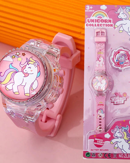 Kreative Einhorn Uhr mit Kreisel-Effekt und leuchtendem digitalem Display auf einem bunten Silikonband
