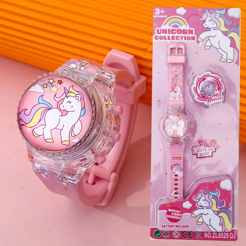 Kreative Einhorn Uhr mit Kreisel-Effekt und leuchtendem digitalem Display auf einem bunten Silikonband