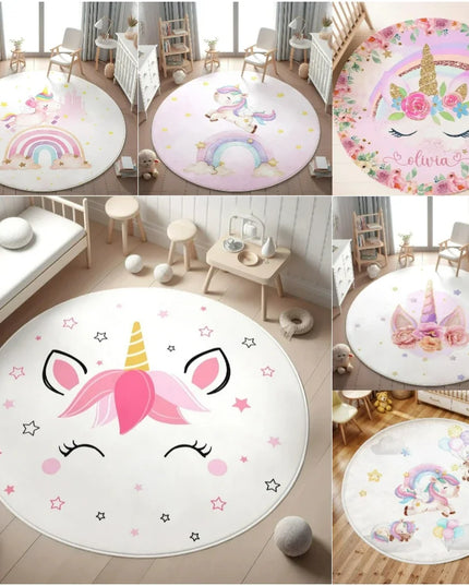 Runde Einhorn Decke mit floralem Regenbogen-Muster, weich und farbenfroh, ideal für Kinderzimmer und Spielbereiche