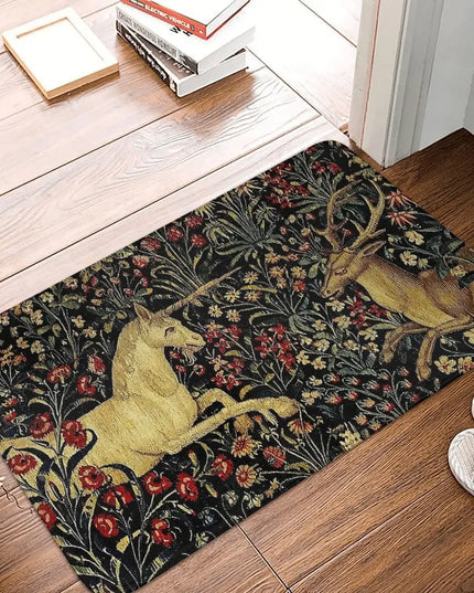 Einhorn Teppich im mittelalterlichen Stil mit Einhorn und dunklem Blumenmuster, antirutsch und weich