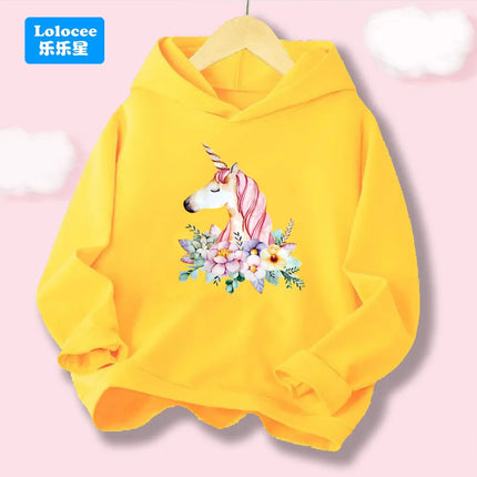Gelber Einhorn Hoodie für Mädchen mit Blumen-Einhorn-Cartoon