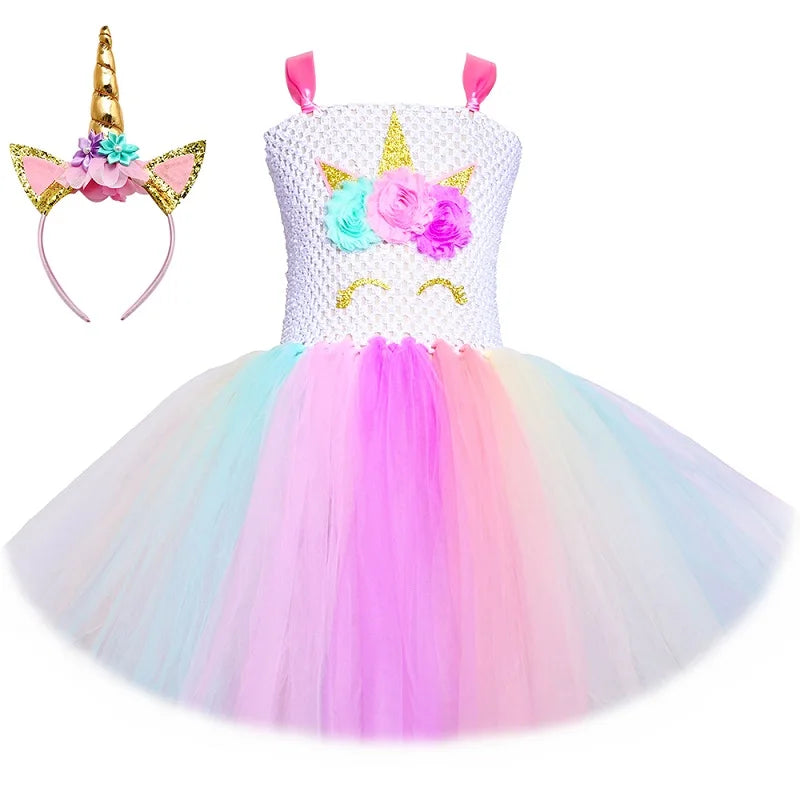 Einhorn Kostüm Pastell Blumen Ballkleid für Mädchen mit schulterfreiem Oberteil und voluminösem Rock