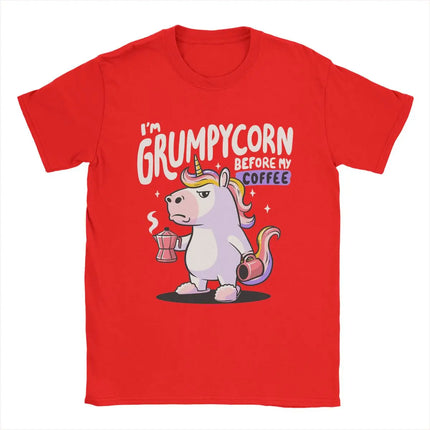 Herren und Damen Einhorn T-Shirt mit Grumpycorn-Motiv in Rot, aus weicher Baumwolle und Rundhalsausschnitt