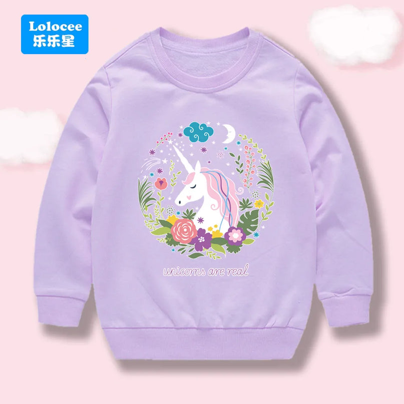 Lila Einhorn Hoodie für Mädchen mit bezauberndem floralem Einhorn-Design, ideal für Frühling und Herbst.