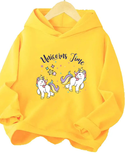 Gelber Einhorn Hoodie für Mädchen mit fröhlichem Cartoon-Einhorn-Design, angenehm weich und ideal für den Alltag