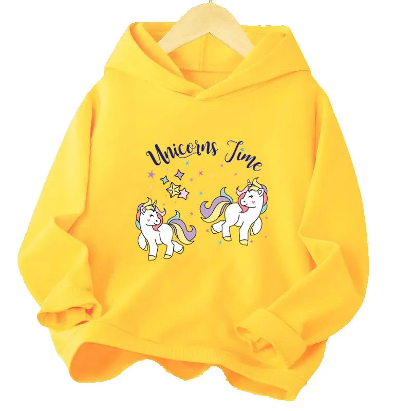 Gelber Einhorn Hoodie für Mädchen mit fröhlichem Cartoon-Einhorn-Design, angenehm weich und ideal für den Alltag