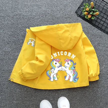 Einhorn Jacke für Mädchen in Rosarot mit Kapuze und Reißverschluss, bedruckt mit einem Cartoon-Einhorn.