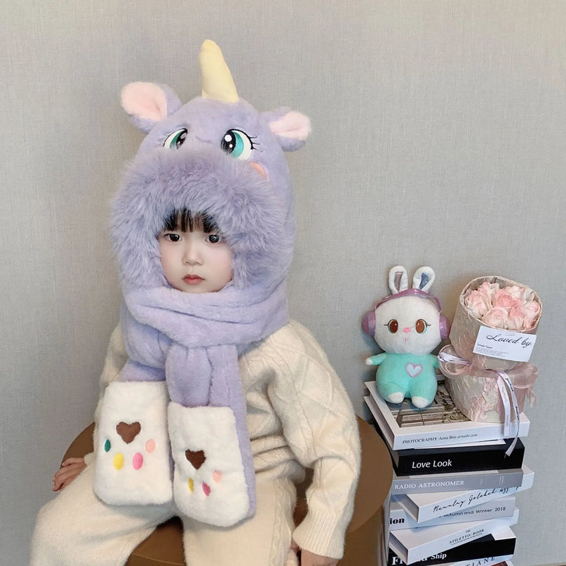 Einhorn Plüschtier Mütze in Lila für Kinder, mit Ohrenschutz und warmem Acrylmaterial, niedliches Einhorn-Design