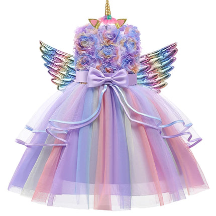 Mädchen im Einhorn Kostuem Blumen Prinzessin Kleid in Pastellfarben mit Schleife und Blumenmuster