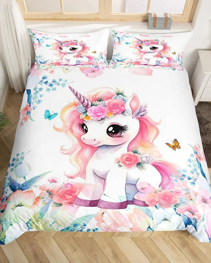 Einhorn Regenbogen Bettbezug für Kinder und Mädchen, mit süßen Einhorn-Motiven und leuchtenden Farben