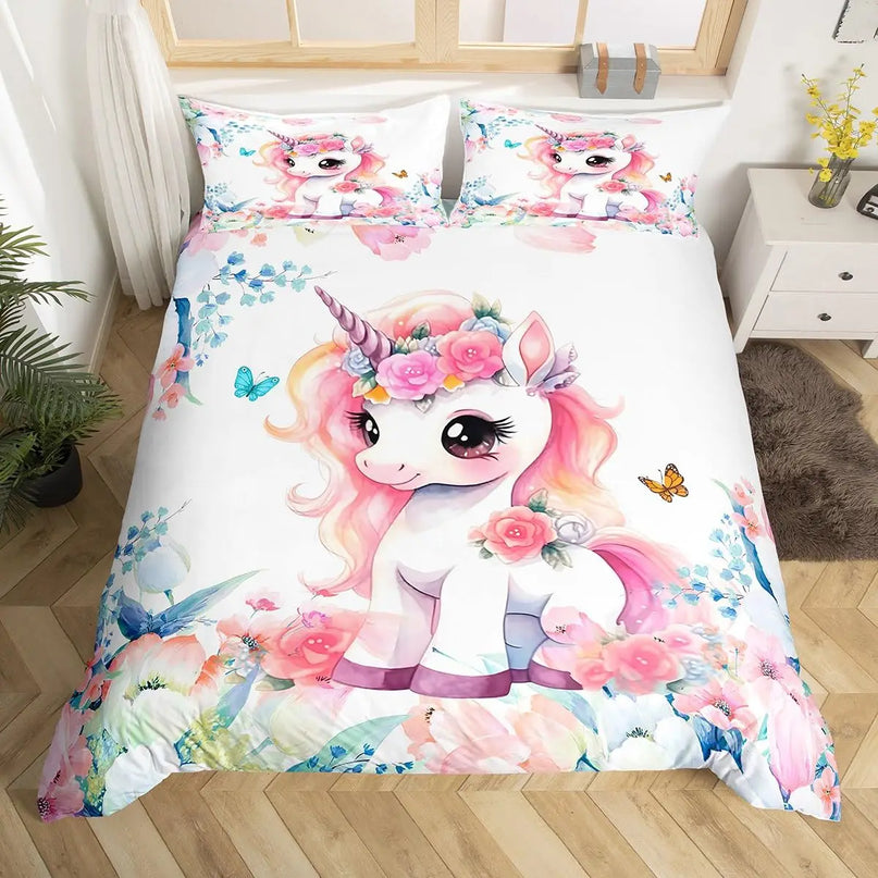 Einhorn Regenbogen Bettbezug für Kinder und Mädchen, mit süßen Einhorn-Motiven und leuchtenden Farben