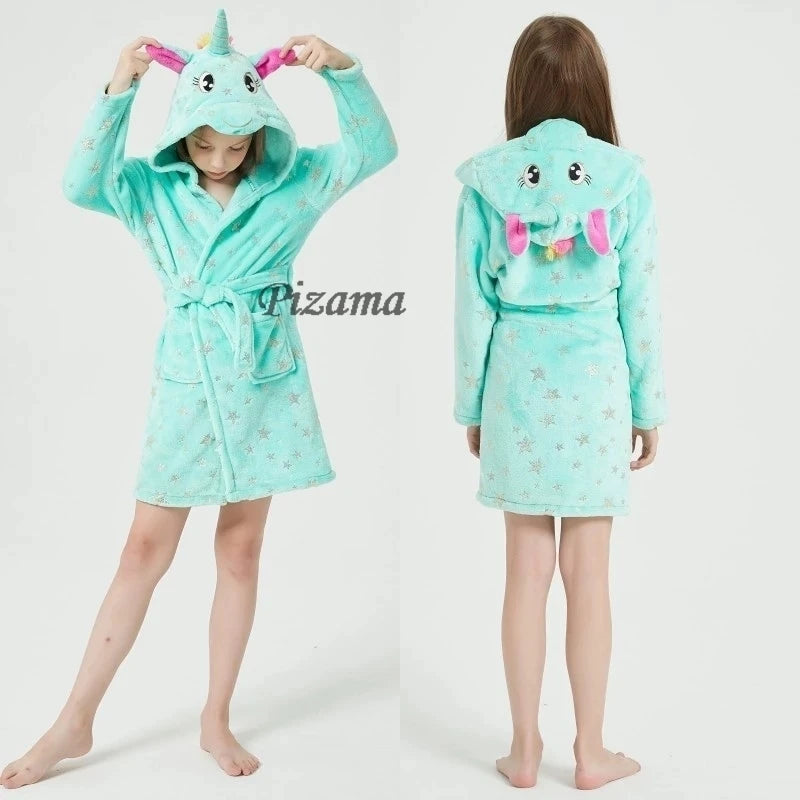 Rosa Einhorn Pyjama mit Sternenmuster und Kapuze für Mädchen von 2-11 Jahren aus weichem Flannel