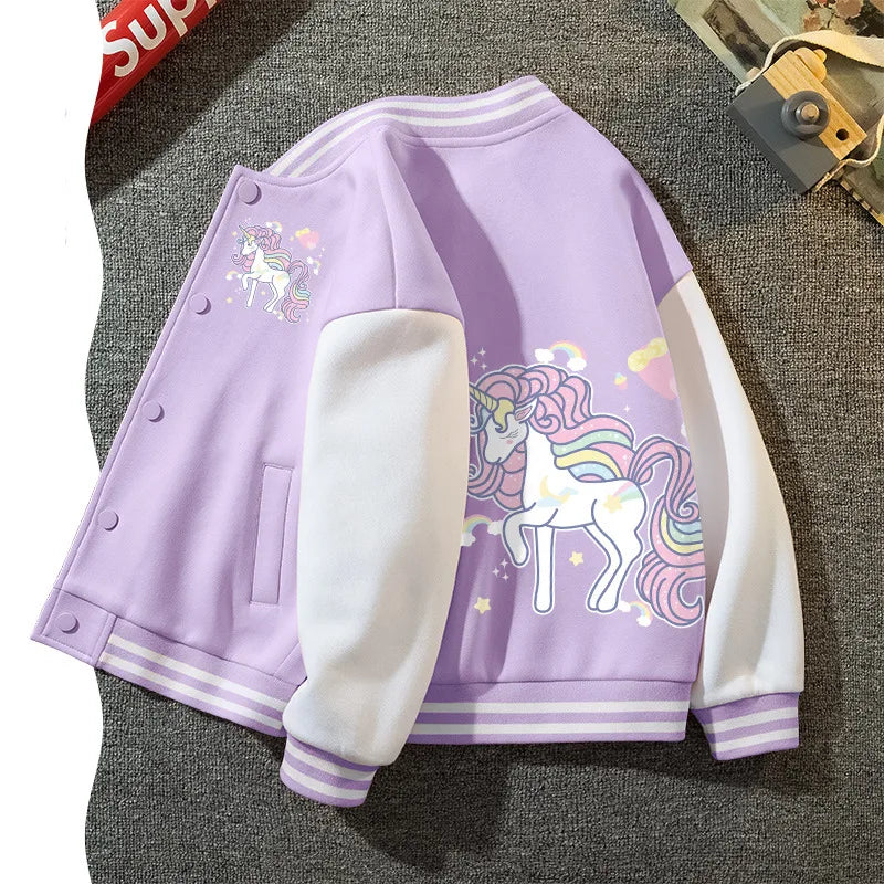 Einhorn Jacke im Baseball-Stil für Mädchen, mit buntem Regenbogen-Einhorn-Print, in hellem Lila, ideal für Frühling und Herbst