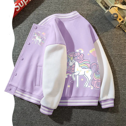 Einhorn Jacke im Baseball-Stil für Mädchen, mit buntem Regenbogen-Einhorn-Print, in hellem Lila, ideal für Frühling und Herbst