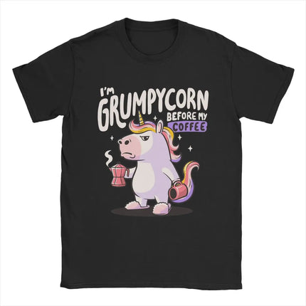 Schwarzes Einhorn T-Shirt für Männer und Frauen mit lustigem Grumpycorn-Motiv und Kaffeetasse