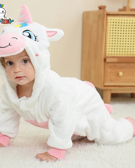 Flauschiges Einhorn Kostuem für Babys in warmem Winter-Stil mit Reißverschluss