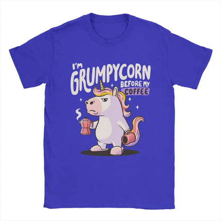 Blaues Einhorn T-Shirt für Männer mit einem humorvollen Grumpycorn-Motiv und Kaffeetasse