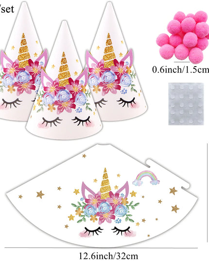 6er-Set Einhorn Deko Partyhüte aus Papier mit verschiedenen, niedlichen Einhorn-Motiven, Variante C