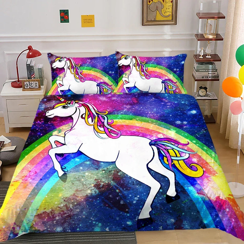 Einhorn Bettwäsche mit kosmischem Sternenhimmel, Regenbogen und Einhorn-Motiven für Kinder und Teenager