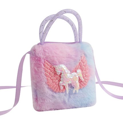 Lila Einhorn Umhängetasche aus Plüsch im Cartoon-Stil, quadratisch, mit Reißverschluss